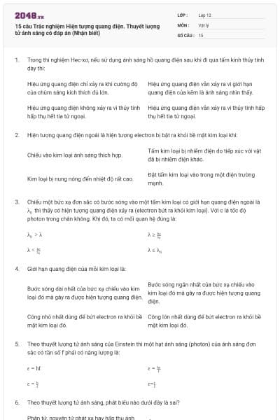 15 câu Trắc nghiệm Hiện tượng quang điện. Thuyết lượng tử ánh sáng có đáp án (Nhận biết)