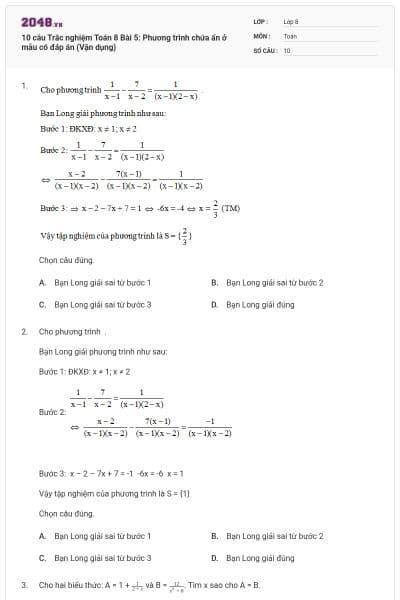 10 câu Trắc nghiệm Toán 8 Bài 5: Phương trình chứa ẩn ở mẫu có đáp án (Vận dụng)