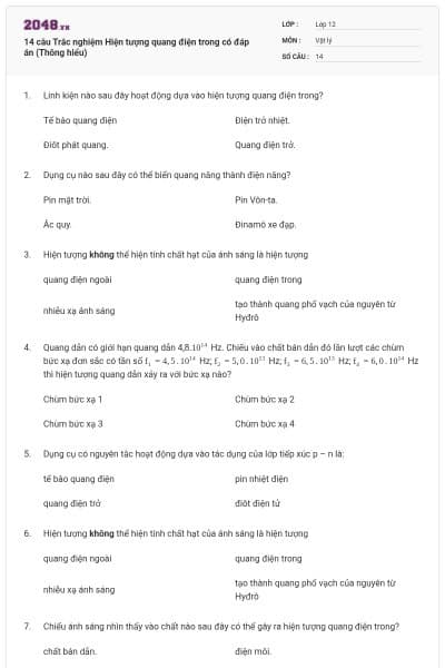 14 câu Trắc nghiệm Hiện tượng quang điện trong có đáp án (Thông hiểu)