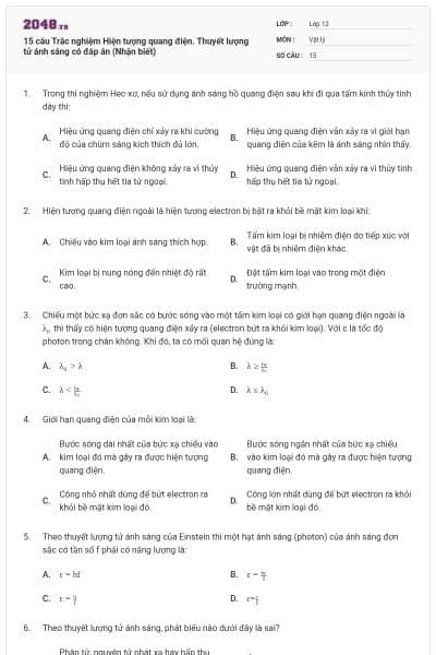 15 câu Trắc nghiệm Hiện tượng quang điện. Thuyết lượng tử ánh sáng có đáp án (Nhận biết)