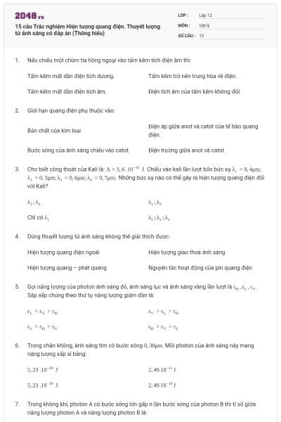 15 câu Trắc nghiệm Hiện tượng quang điện. Thuyết lượng tử ánh sáng có đáp án (Thông hiểu)