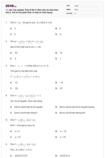 11 câu Trắc nghiệm Toán 8 Bài 9: Biến đổi các biểu thức hữu tỉ. Giá trị của phân thức có đáp án (Vận dụng)
