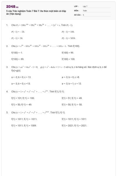 5 câu Trắc nghiệm Toán 7 Bài  7: Đa thức một biến có đáp án (Vận dụng)