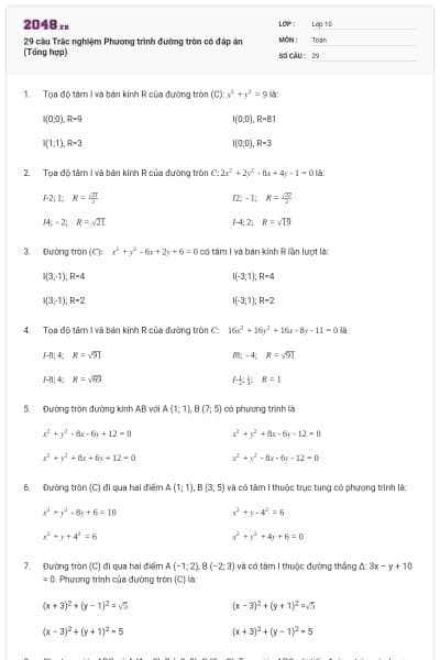 29 câu Trắc nghiệm Phương trình đường tròn có đáp án (Tổng hợp)