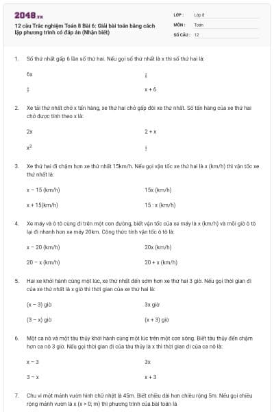 12 câu Trắc nghiệm Toán 8 Bài 6: Giải bài toán bằng cách lập phương trình có đáp án (Nhận biết)