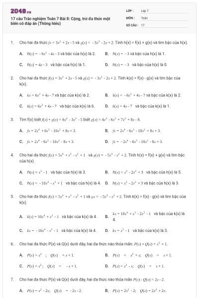 17 câu Trắc nghiệm Toán 7 Bài 8: Cộng, trừ đa thức một biến có đáp án (Thông hiểu)