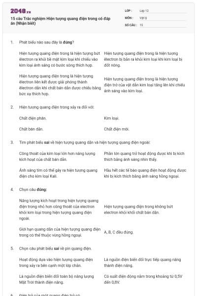 15 câu Trắc nghiệm Hiện tượng quang điện trong có đáp án (Nhận biết)