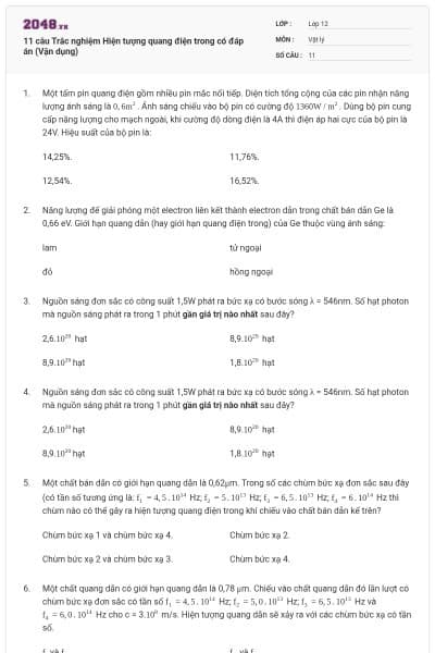 11 câu Trắc nghiệm Hiện tượng quang điện trong có đáp án (Vận dụng)