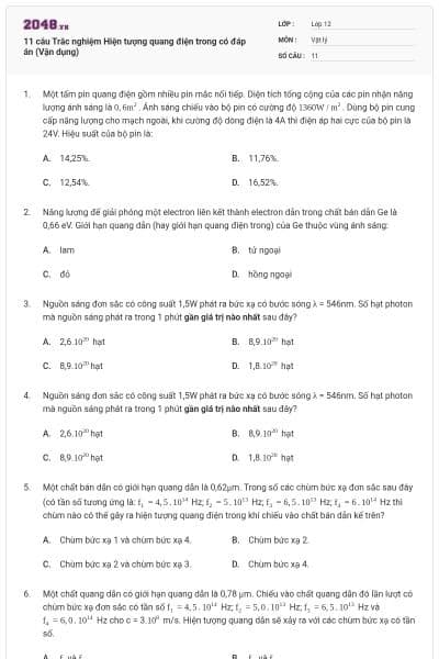 11 câu Trắc nghiệm Hiện tượng quang điện trong có đáp án (Vận dụng)