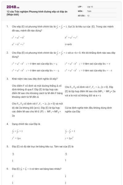 12 câu  Trắc nghiệm Phương trình đường elip có đáp án (Nhận biết)