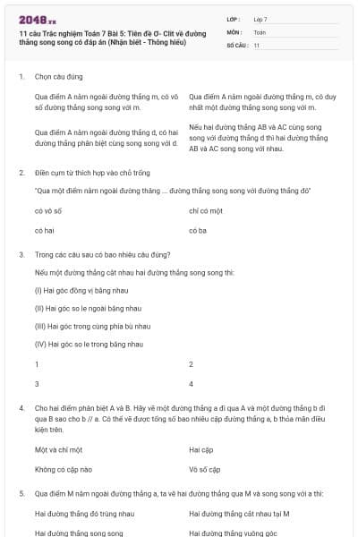 11 câu Trắc nghiệm Toán 7 Bài 5: Tiên đề Ơ- Clit về đường thẳng song song có đáp án (Nhận biết - Thông hiểu)