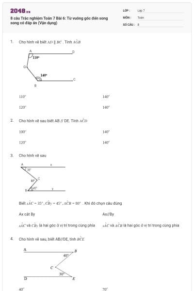 8 câu Trắc nghiệm Toán 7 Bài 6: Từ vuông góc đến song song có đáp án (Vận dụng)