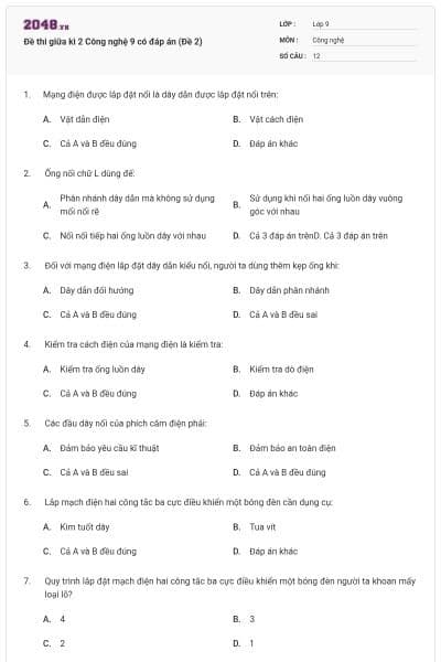 Đề thi giữa kì 2 Công nghệ 9 có đáp án (Đề 2)
