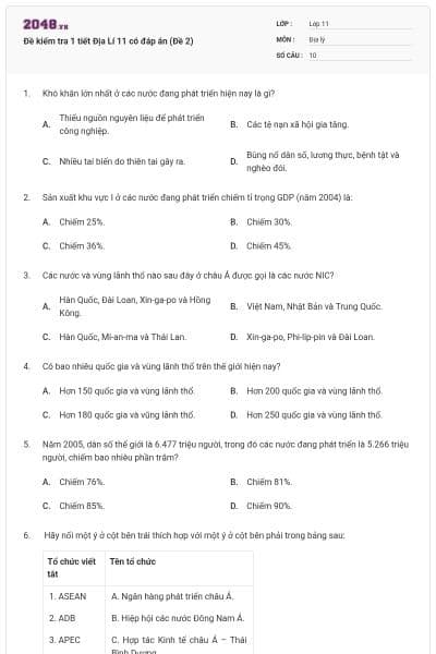 Đề kiểm tra 1 tiết Địa Lí 11 có đáp án (Đề 2)