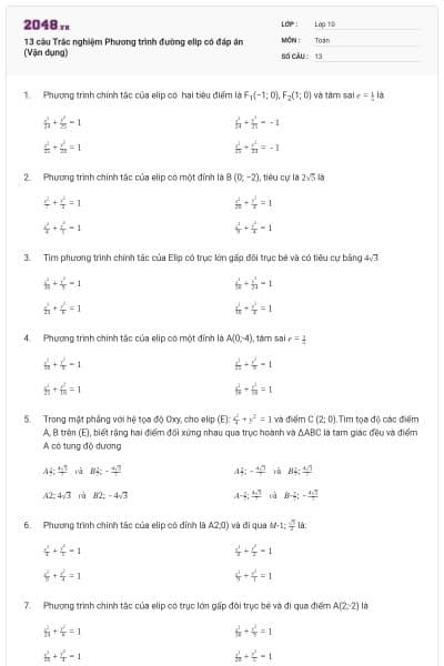 13 câu Trắc nghiệm Phương trình đường elip có đáp án (Vận dụng)