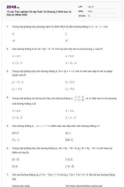 15 câu  Trắc nghiệm Ôn tập Toán 10 Chương 3 Hình học có đáp án (Nhận biết)