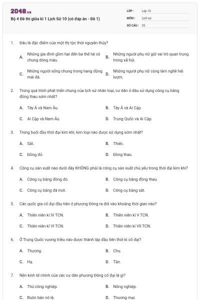 Bộ 4 Đề thi giữa kì 1 Lịch Sử 10 (có đáp án - Đề 1)