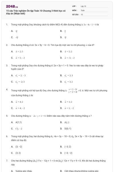 15 câu Trắc nghiệm Ôn tập Toán 10 Chương 3 Hình học có đáp án (Nhận biết)