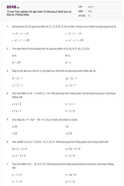 15 câu Trắc nghiệm Ôn tập Toán 10 Chương 3 Hình học có đáp án (Thông hiểu)