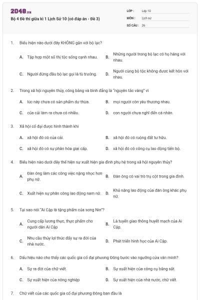 Bộ 4 Đề thi giữa kì 1 Lịch Sử 10 (có đáp án - Đề 3)
