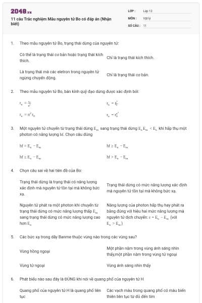 11 câu Trắc nghiệm Mẫu nguyên tử Bo có đáp án (Nhận biết)