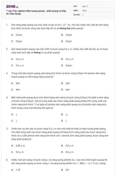 7 câu Trắc nghiệm Hiện tượng quang - phát quang có đáp án (Vận dụng)