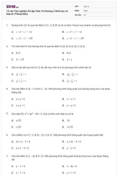 15 câu Trắc nghiệm Ôn tập Toán 10 Chương 3 Hình học có đáp án (Thông hiểu)