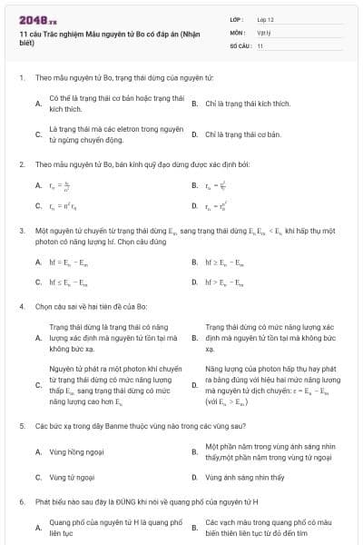 11 câu Trắc nghiệm Mẫu nguyên tử Bo có đáp án (Nhận biết)