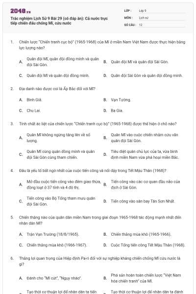 Trắc nghiệm Lịch Sử 9 Bài 29 (có đáp án): Cả nước trực tiếp chiến đấu chống Mĩ, cứu nước
