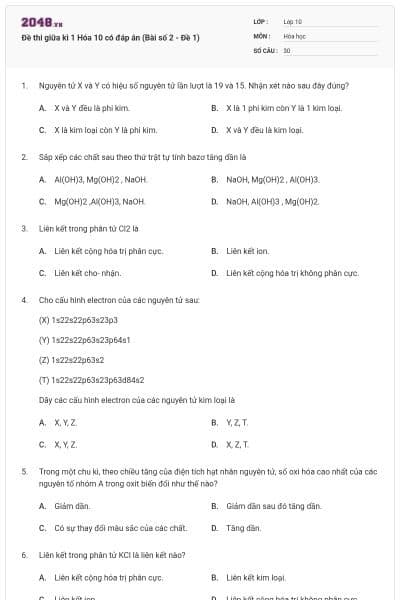 Đề thi giữa kì 1 Hóa 10 có đáp án (Bài số 2 - Đề 1)