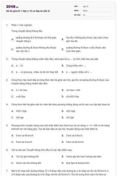 Đề thi giữa kì 1 Vật Lí 10 có đáp án (Đề 3)