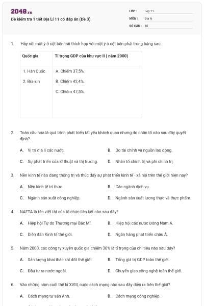 Đề kiểm tra 1 tiết Địa Lí 11 có đáp án (Đề 3)
