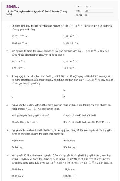 11 câu Trắc nghiệm Mẫu nguyên tử Bo có đáp án (Thông hiểu)