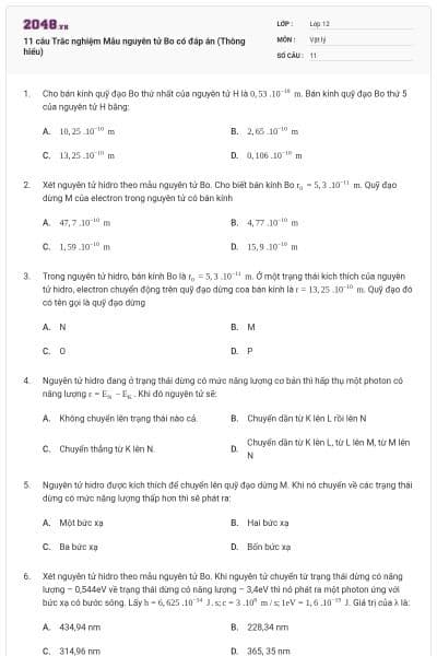 11 câu Trắc nghiệm Mẫu nguyên tử Bo có đáp án (Thông hiểu)