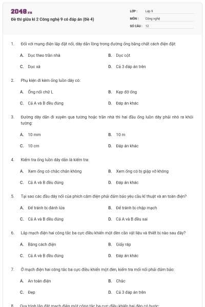 Đề thi giữa kì 2 Công nghệ 9 có đáp án (Đề 4)