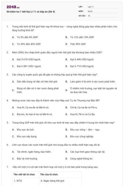 Đề kiểm tra 1 tiết Địa Lí 11 có đáp án (Đề 4)