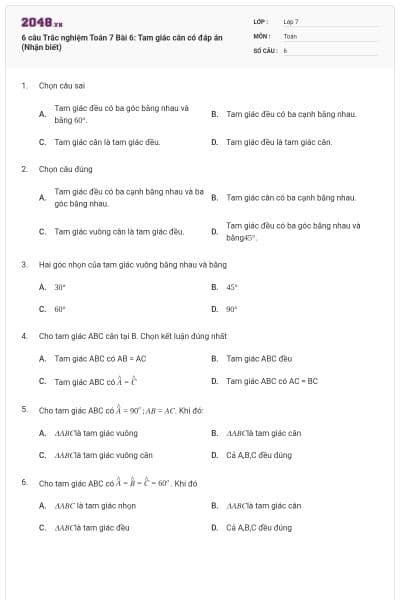 6 câu Trắc nghiệm Toán 7 Bài 6: Tam giác cân có đáp án (Nhận biết)