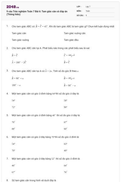 9 câu Trắc nghiệm Toán 7 Bài 6: Tam giác cân có đáp án (Thông hiểu)