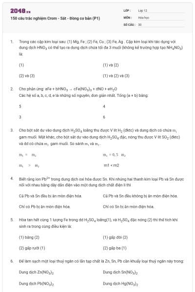 150 câu trắc nghiệm Crom - Sắt - Đồng cơ bản (P1)