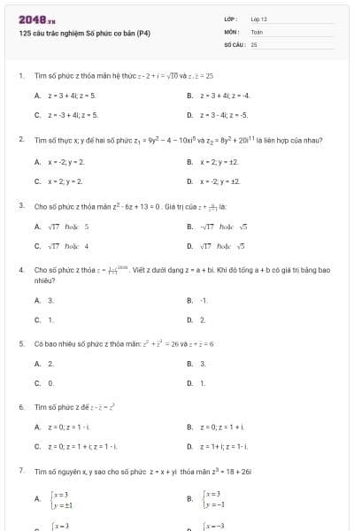 125 câu trắc nghiệm Số phức cơ bản (P4)