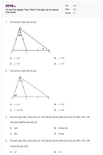 19 câu Trắc nghiệm Toán 7 Bài 6: Tam giác cân có đáp án (Vận dụng)