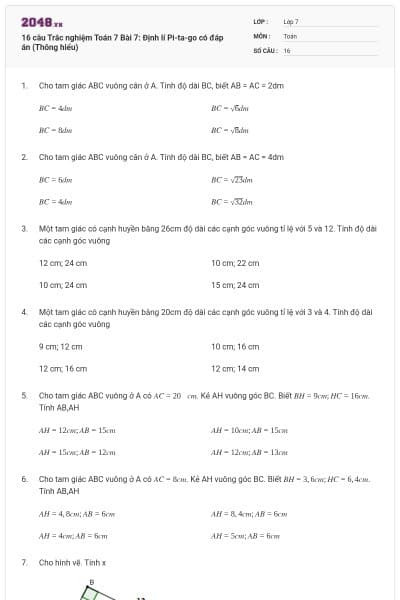 16 câu Trắc nghiệm Toán 7 Bài 7: Định lí Pi-ta-go có đáp án (Thông hiểu)