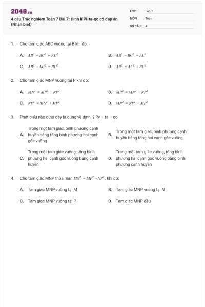4 câu Trắc nghiệm Toán 7 Bài 7: Định lí Pi-ta-go có đáp án (Nhận biết)