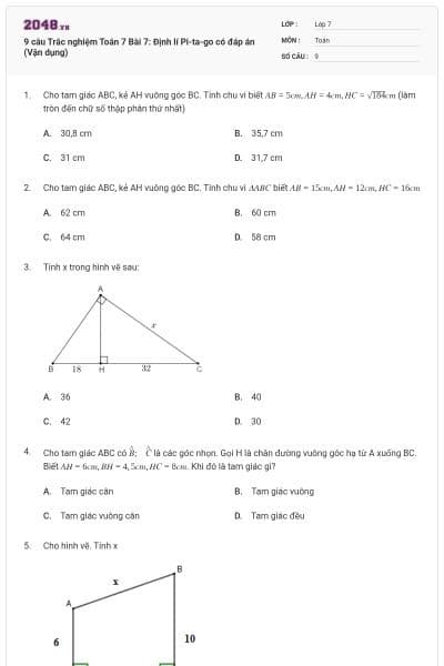 9 câu Trắc nghiệm Toán 7 Bài 7: Định lí Pi-ta-go có đáp án (Vận dụng)