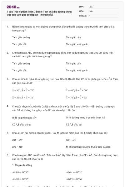 7 câu Trắc nghiệm Toán 7 Bài 8: Tính chất ba đường trung trực của tam giác có đáp án (Thông hiểu)