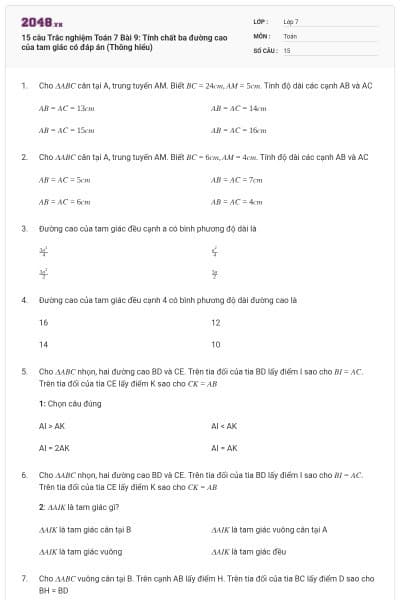 15 câu Trắc nghiệm Toán 7 Bài 9: Tính chất ba đường cao của tam giác có đáp án (Thông hiểu)