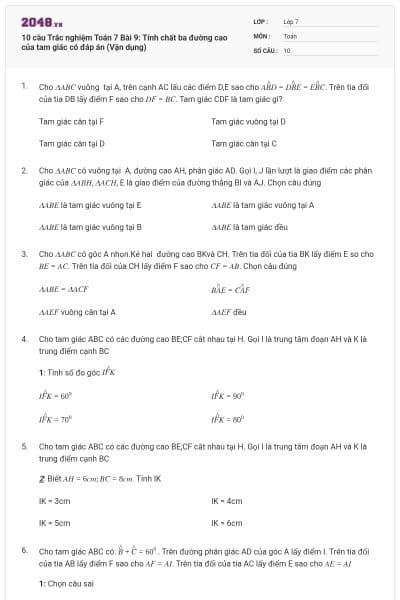 10 câu Trắc nghiệm Toán 7 Bài 9: Tính chất ba đường cao của tam giác có đáp án (Vận dụng)