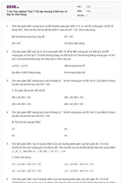7 câu Trắc nghiệm Toán 7: Ôn tập chương 3 hình học có đáp án (Vận dụng)