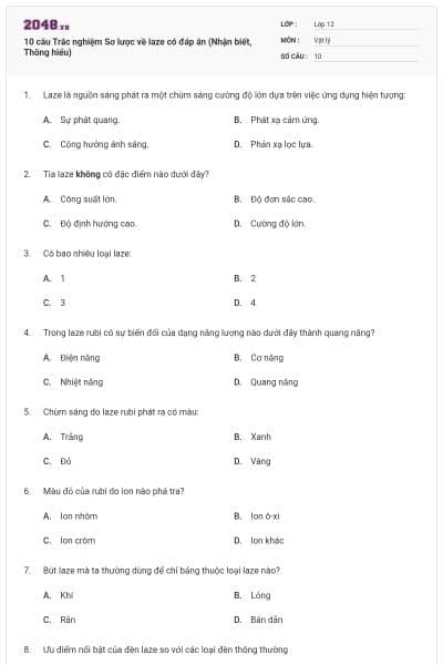 10 câu Trắc nghiệm Sơ lược về laze có đáp án (Nhận biết, Thông hiểu)