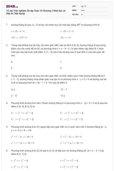 15 câu Trắc nghiệm Ôn tập Toán 10 Chương 3 Hình học có đáp án (Vận dụng)